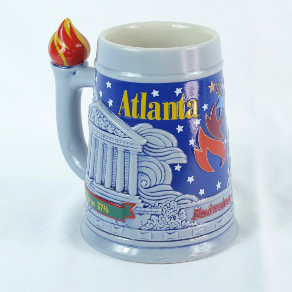 Budweiser 1996 Atlanta Olympic Games Stein Ceramic Beer Mug with Torch Handle